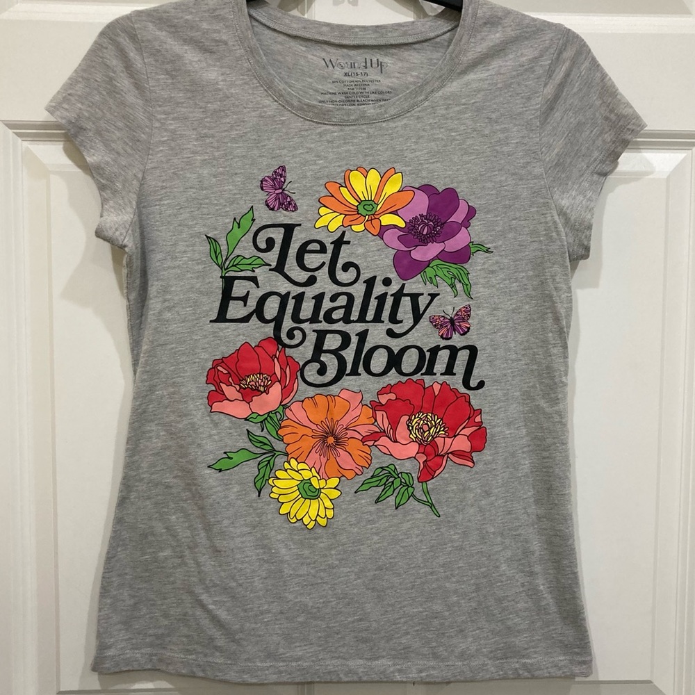 NWOT Wound Up XL (15-17) Juniors Let Equality Bloom bright floral graphic tee